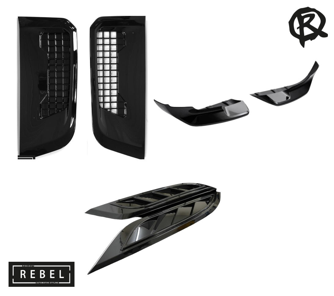 Defender L663 6 Piece Gloss Black Styling Pack - Front Canards, Side + Bonnet Vents